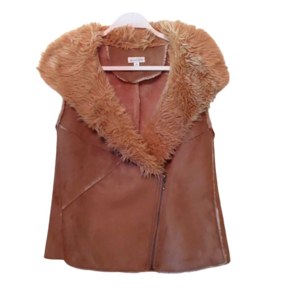 Boho Western Chic Faux Suede Vest Furry Collar Asymmetrical Zip Medium